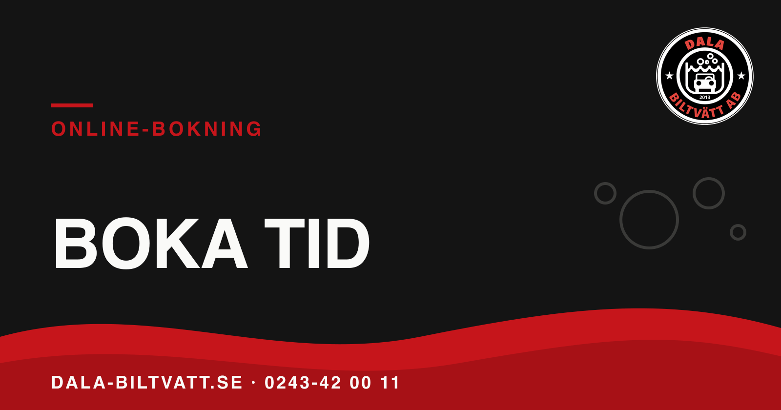 Dala Biltvätts logotyp mot svart bakgrund med texten Boka tid och online-bokning.