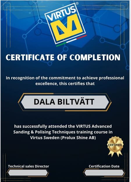 Certificate of completion från VIRTUS som intygar att Dala Biltvätt genomgått kursen Advanced Sanding & Polising Techniques hos Virtus Sweden (Prolux Shine AB).