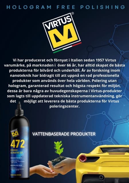 VIRTUS produktblad om hologramfri polering med vattenbaserade produkter, med polermedlet 472 Ceramic Ultrafine Cut.
