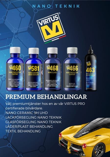 VIRTUS produktblad om nanoteknik med förseglingsprodukterna 460, 581, 468, 466 och 463, och en lista över premiumbehandlingar.